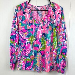 Lilly Pulitzer Elsa‎ Top XXS Pink Floral Rayon Long Sleeve Blouse